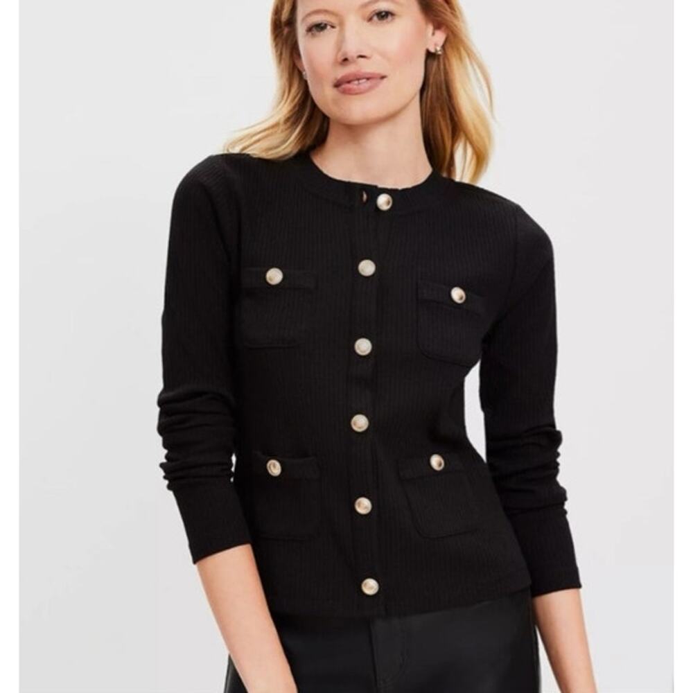 LOFT Ribbed Pocket Cardigan Top Black Gold Button Petite Medium NWT Womens